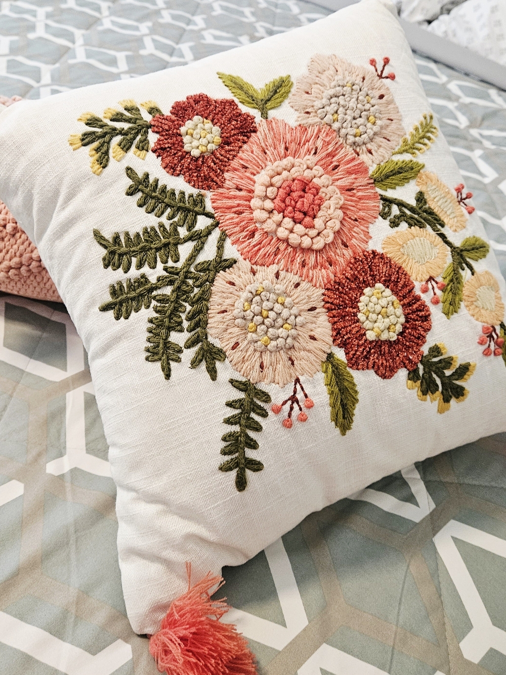 Embroidered Floral Throw Pillow in Coral, Peach & Olive